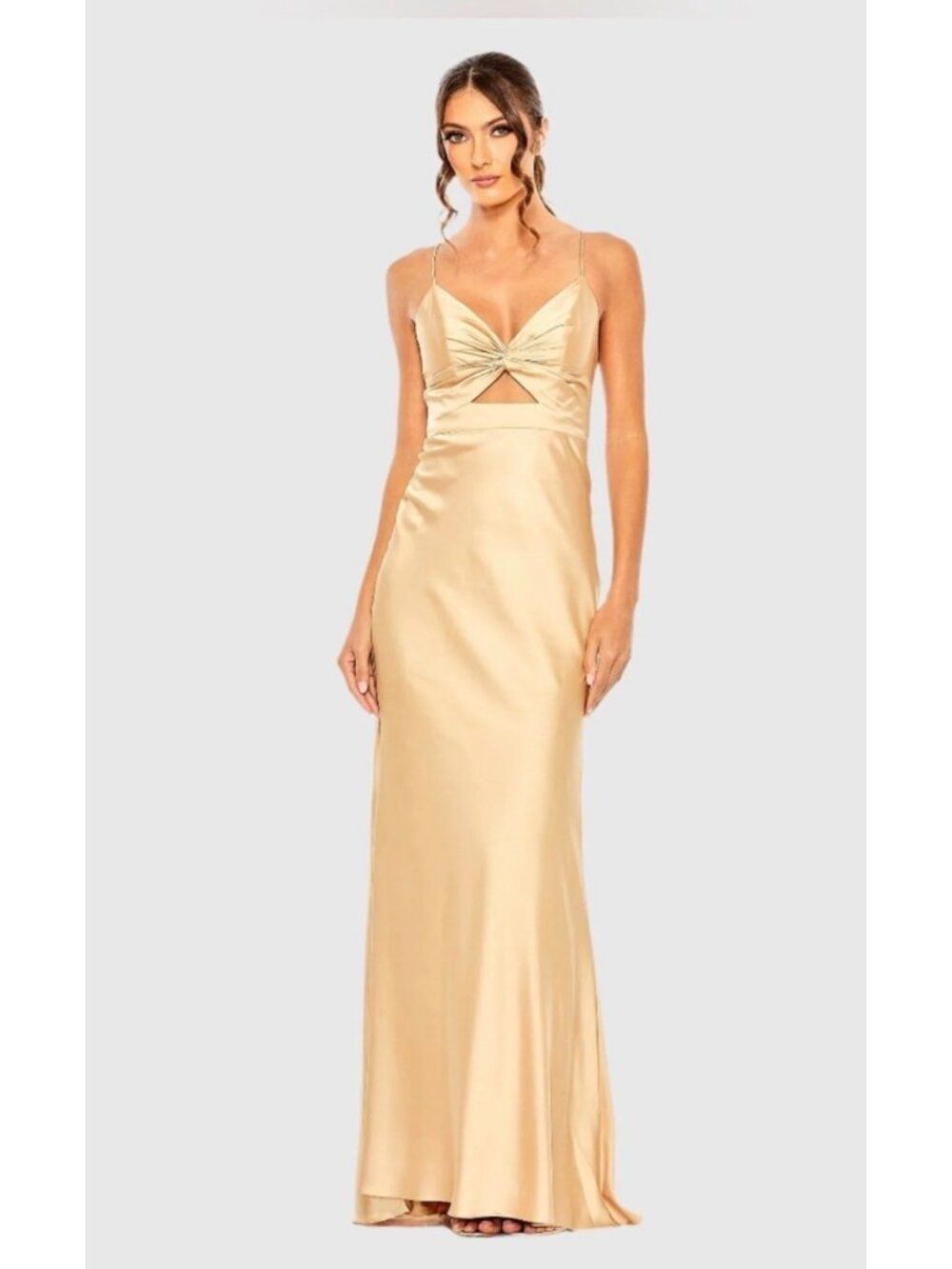 Mac Duggal Women’s Twist front Champagne Satin Dress Size 12